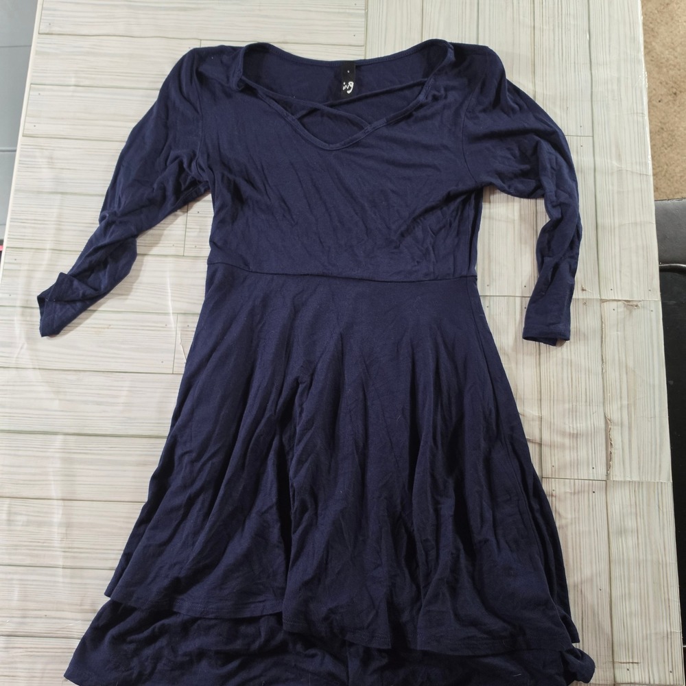 ING Navy Blue Lattice V-Neck Long Sleeve Skater Dress NDB367-RHS Small